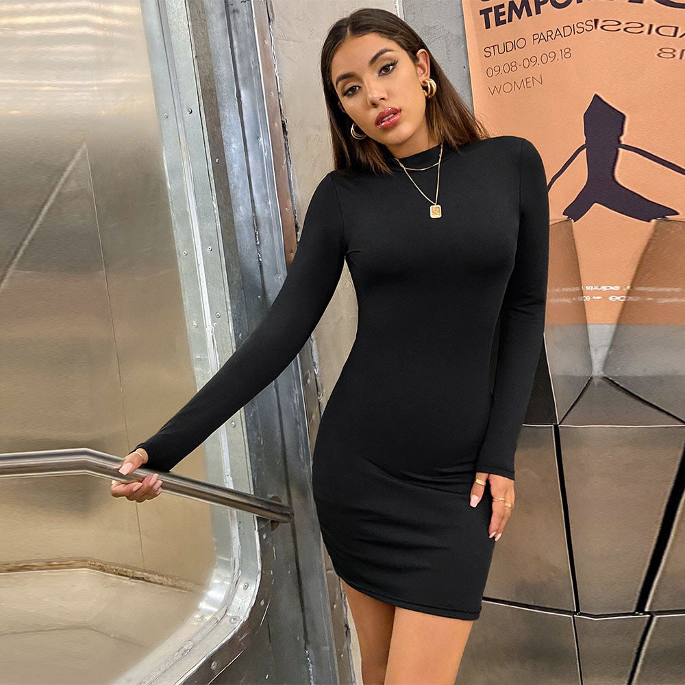 Women Clothing Elegant Lightly Mature Dress Autumn Winter Half High Collar High Waist Figure Flattering Sheath Dress