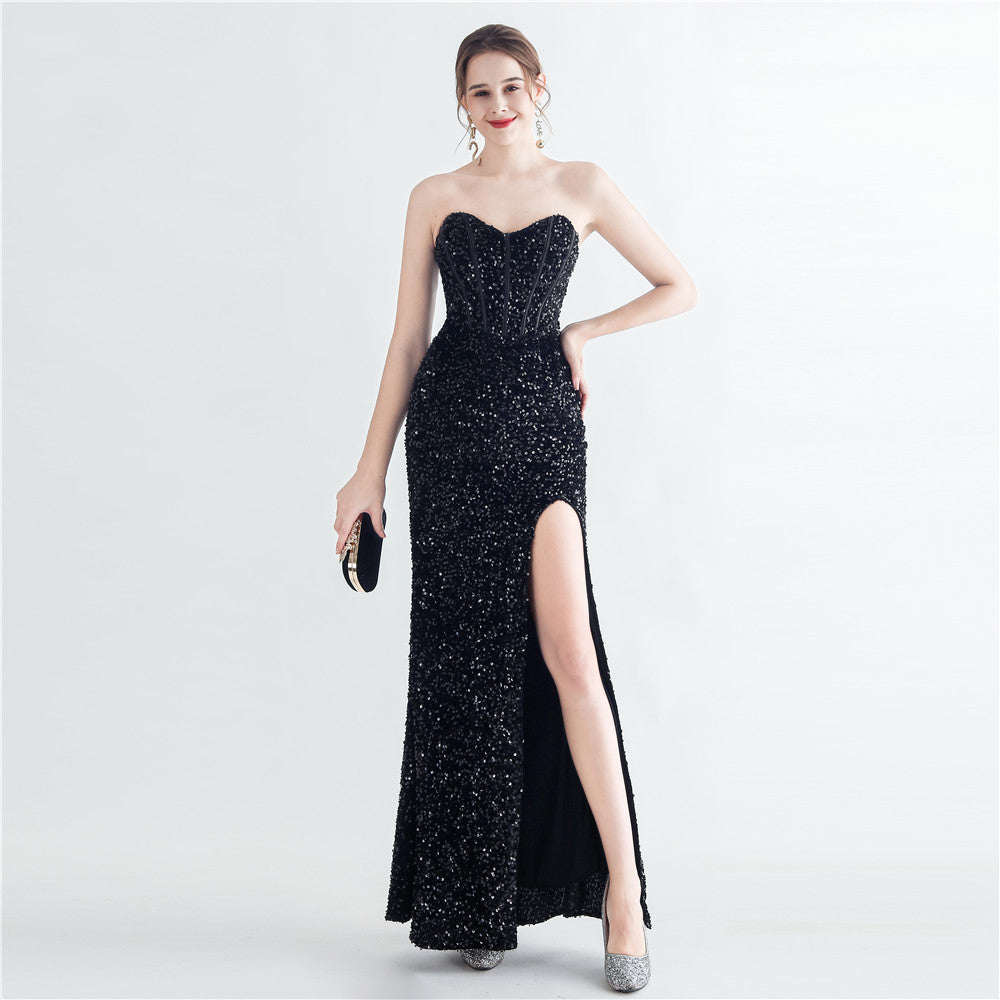 Colorful Sequin Lash Rope Chest Side Slit Tube Top Boning Corset Evening Dress Pure Black