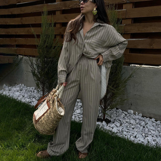 Women Clothing Spring Autumn Striped Loose Long Sleeved Shirt Wide Leg Pants Two Piece Set