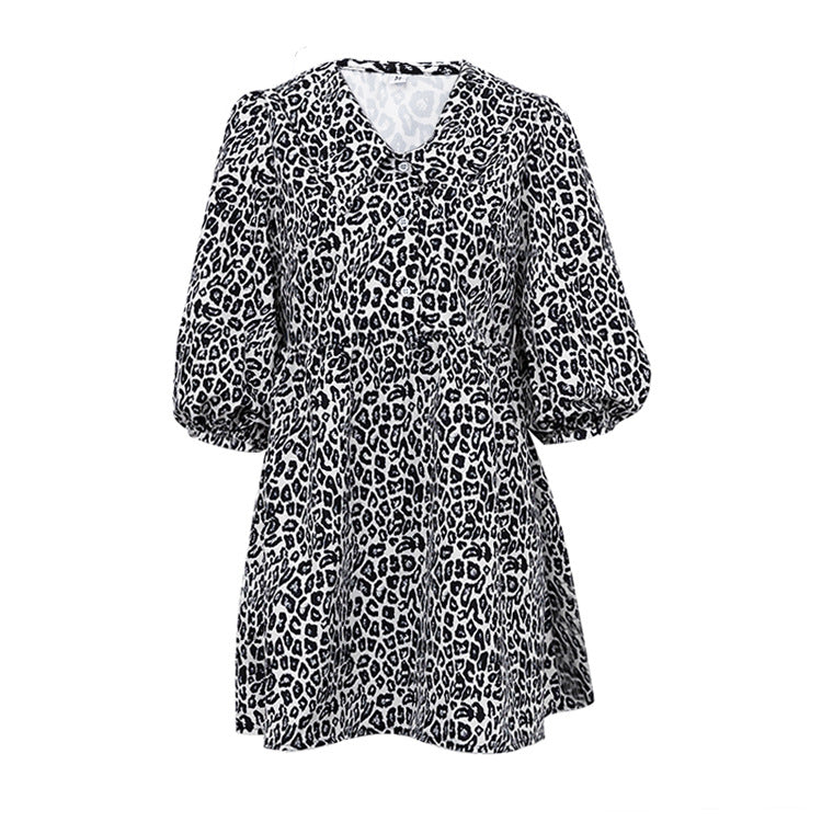 Women Clothing Peter Pan Collar Leopard Print Fashionable Elegant Spring Dress Half Sleeve A line Dress Black