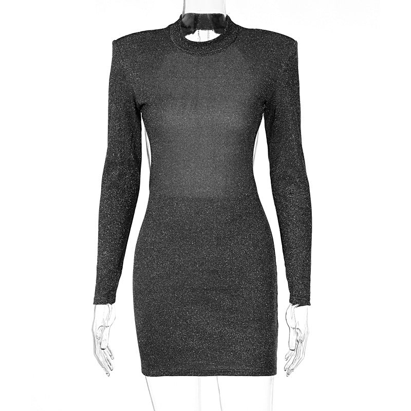 Women Clothing Autumn Sexy Backless Round Neck Long Sleeve Narrow Dress Black