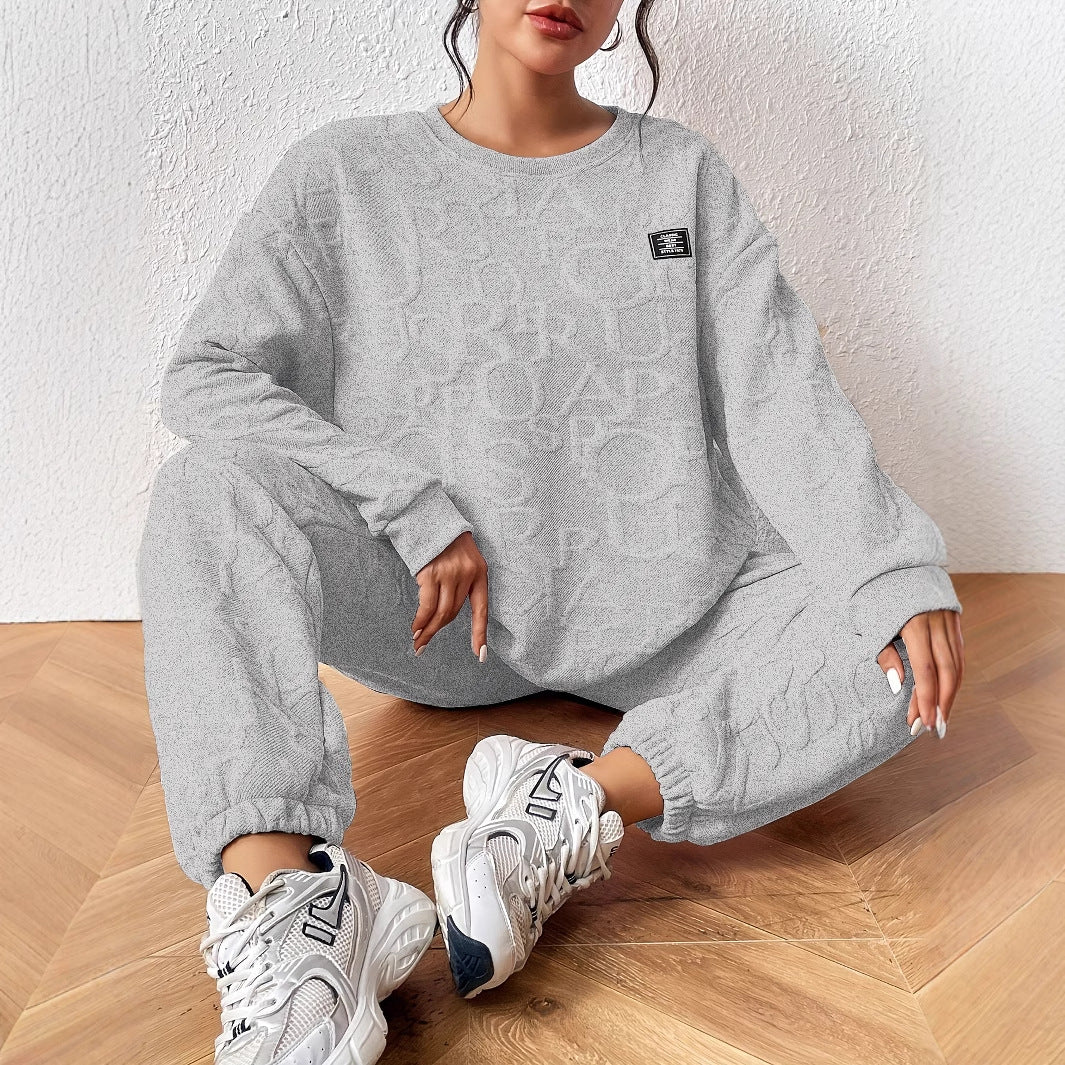 Autumn Winter Solid Color round Neck Long Sleeve Letter Graphic Engraving Women Clothing Casual Laid Back French All-Matching Sweatshirt Sweatpants