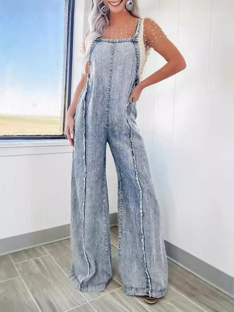 Spring Loose Fitting Overalls Women Retro Washed Raw Hem Wide Legs Jumpsuit Snowflake Color