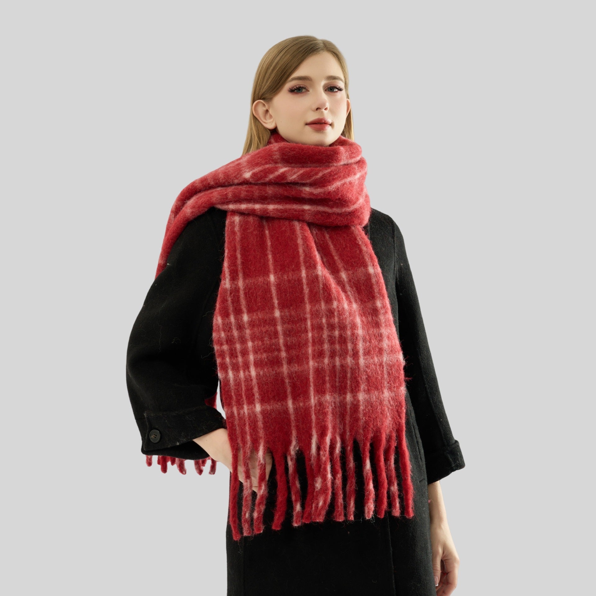 Wool Blended High Grade Scarf Ankela Red Cell Pattern Scarf Women Winter Atmosphere All Matching Scarf