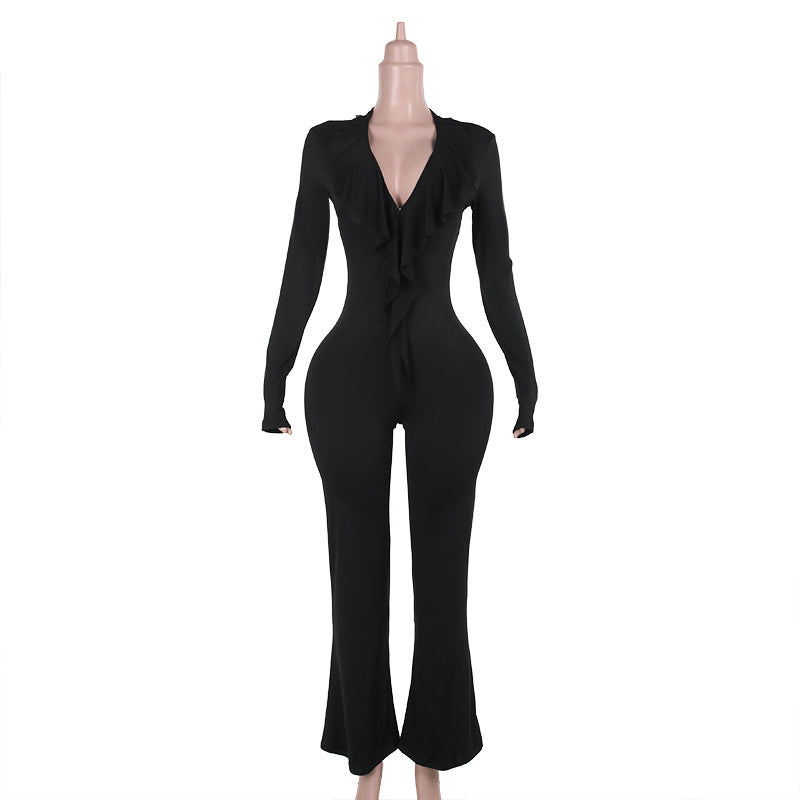 Autumn Street Cool Sexy All Matching Deep V Plunge neck Backless Jumpsuit Women Black