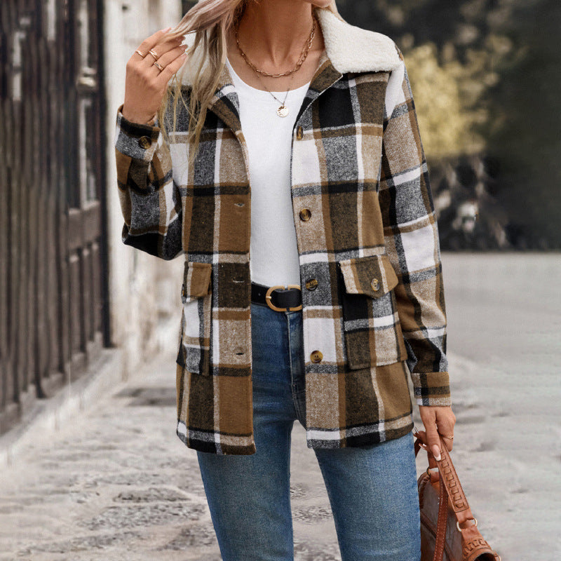 Autumn Winter Women Brushed Collared Plaid Coat Women