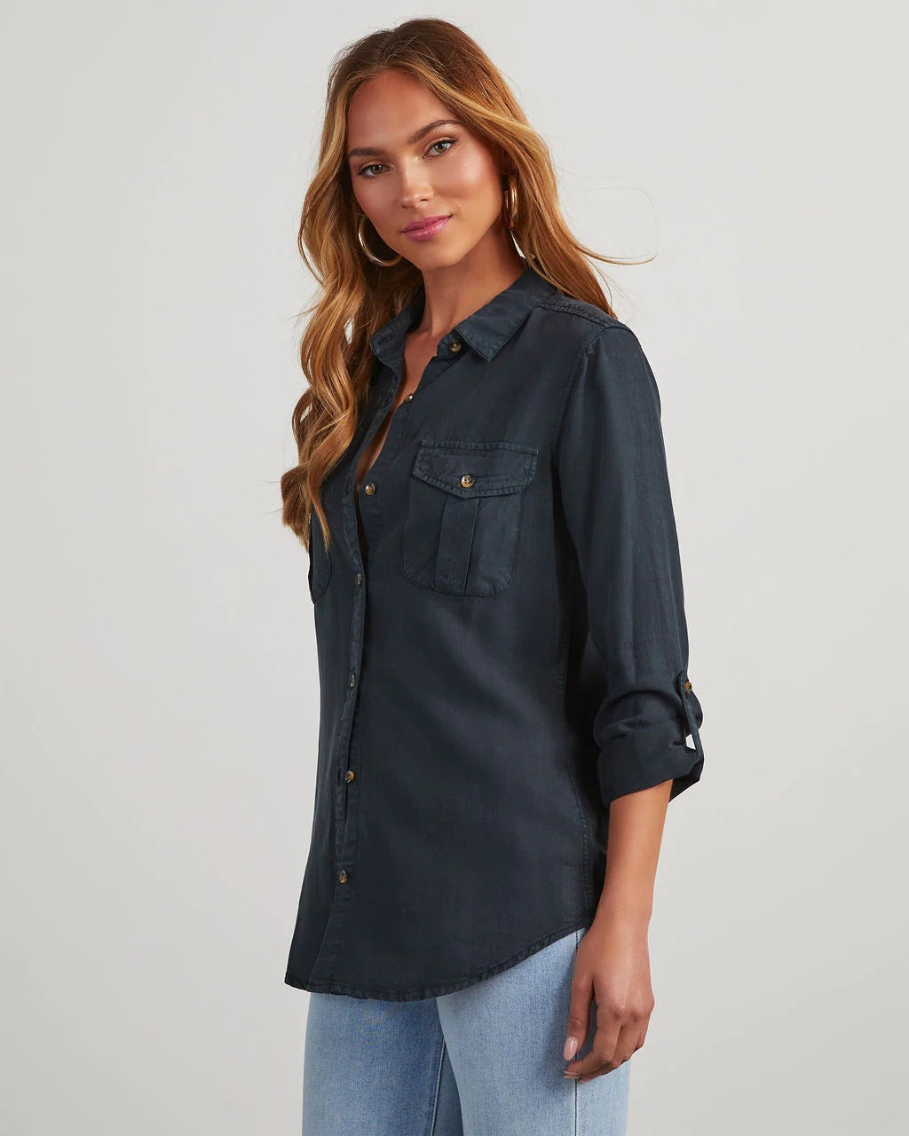 Denim Shirt Autumn Casual Collared Single Breasted Women Long Sleeve Denim Navy Blue