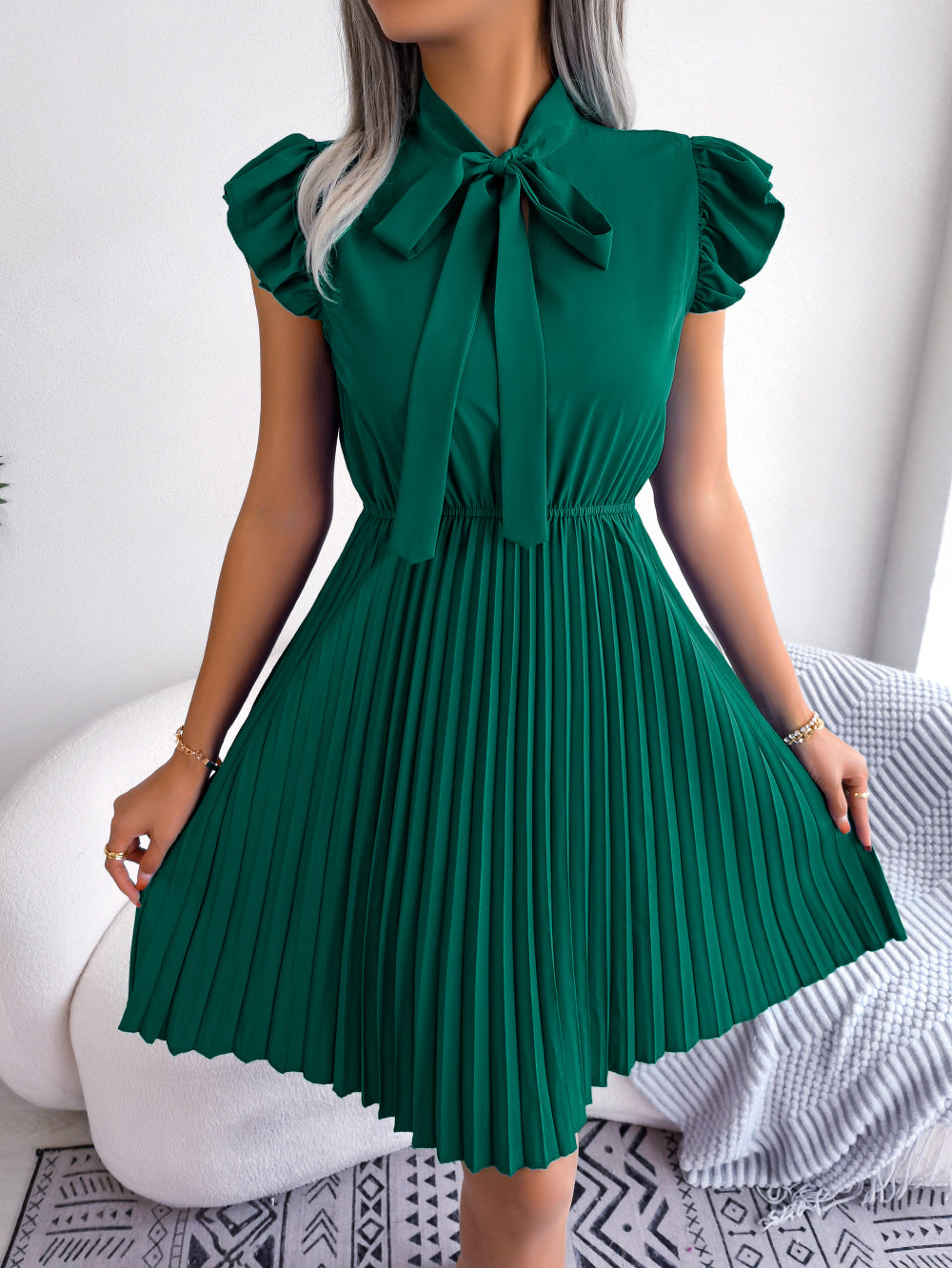 Spring Summer Elegant Tied Waist Controlled Large Hem Pleated Dress Women Clothing Green