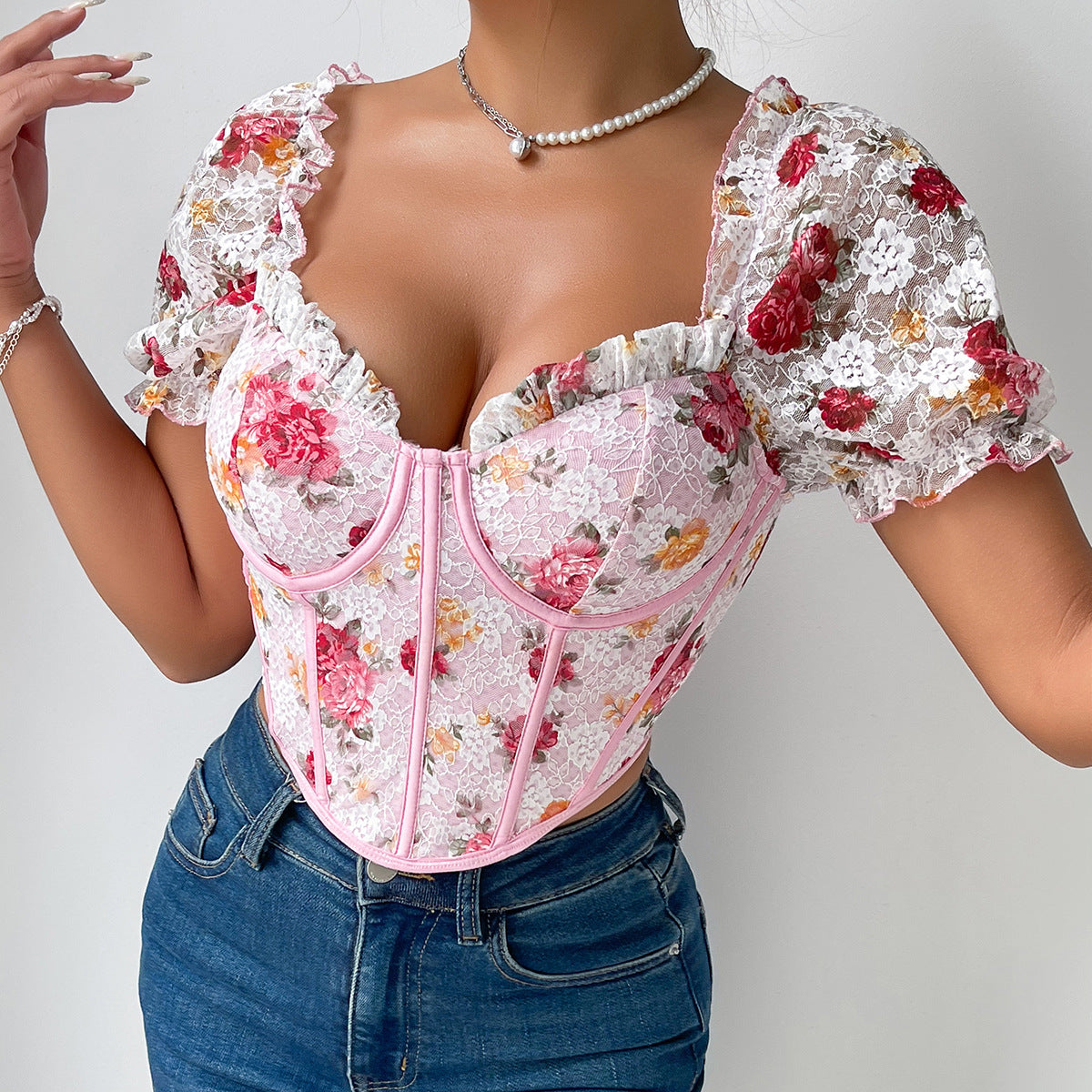 French Women Clothing Puff Sleeve Sexy Floral Short Autumn Boning Corset Top