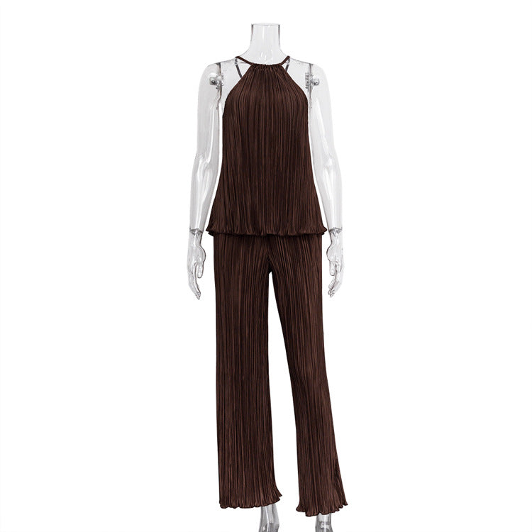 Summer Women Clothing Casual Laid-Back Slimming Pleated Suspender Vest Loose Wide Leg Pants Suit Brown