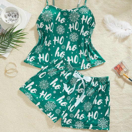 Green Printing Suspender Pajamas Summer Thin Sexy Milk Silk Two Piece Korean Home Wear