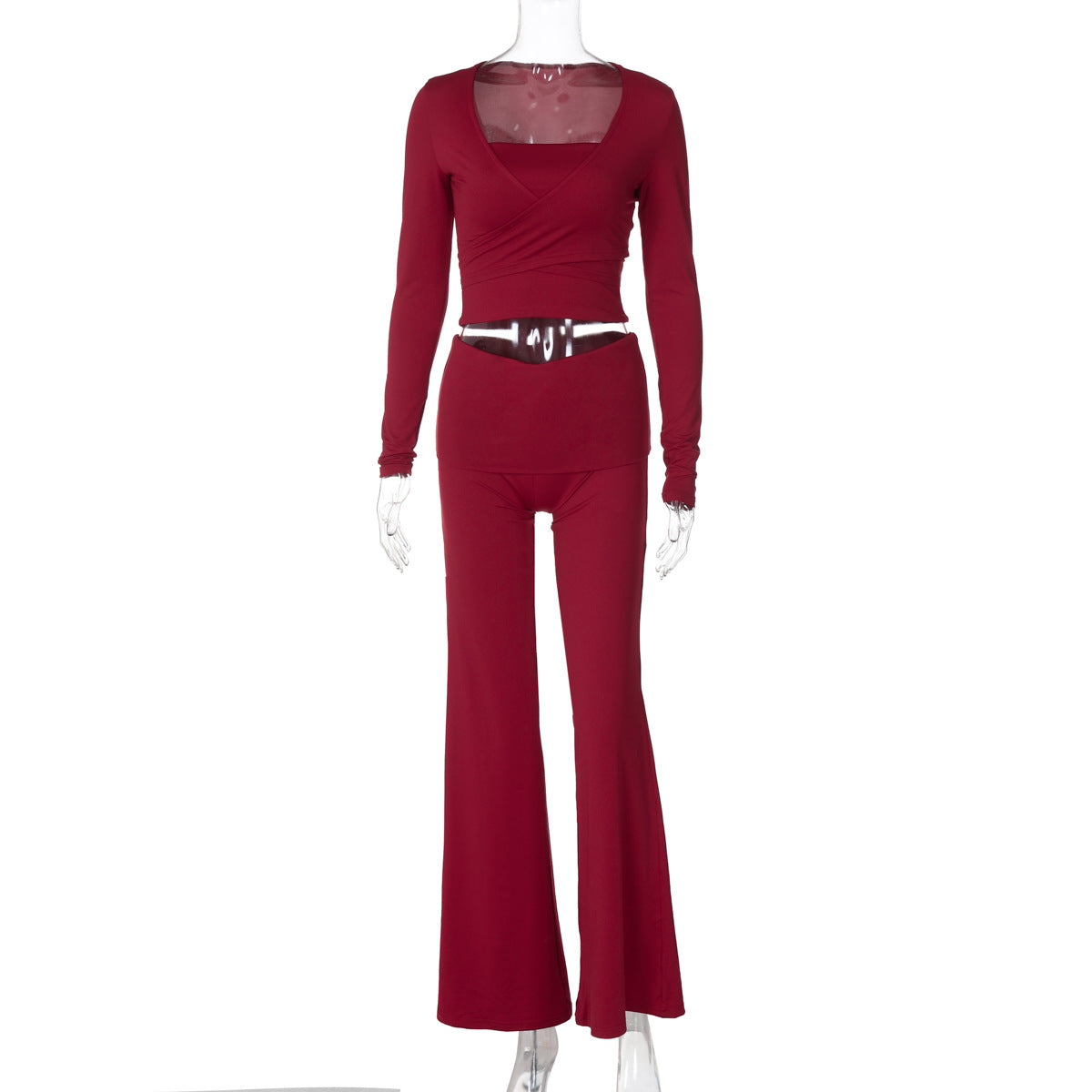 Autumn Winter Solid Color Casual Long Sleeves Coat Wrapped Chest Bell-Bottom Pants Three Piece Set Lace up Slim Fit Burgundy