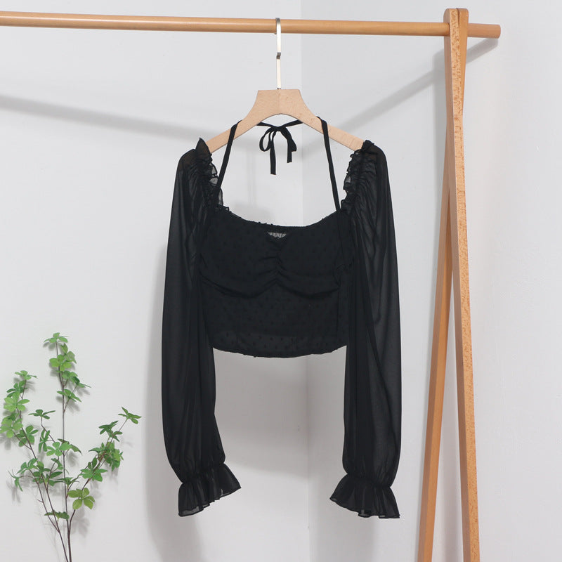 Square Collar Expose Clavicle Short Small Shirt Spring Lantern Long Sleeve Lace Up Halterneck Shirt Blouse One Size Black