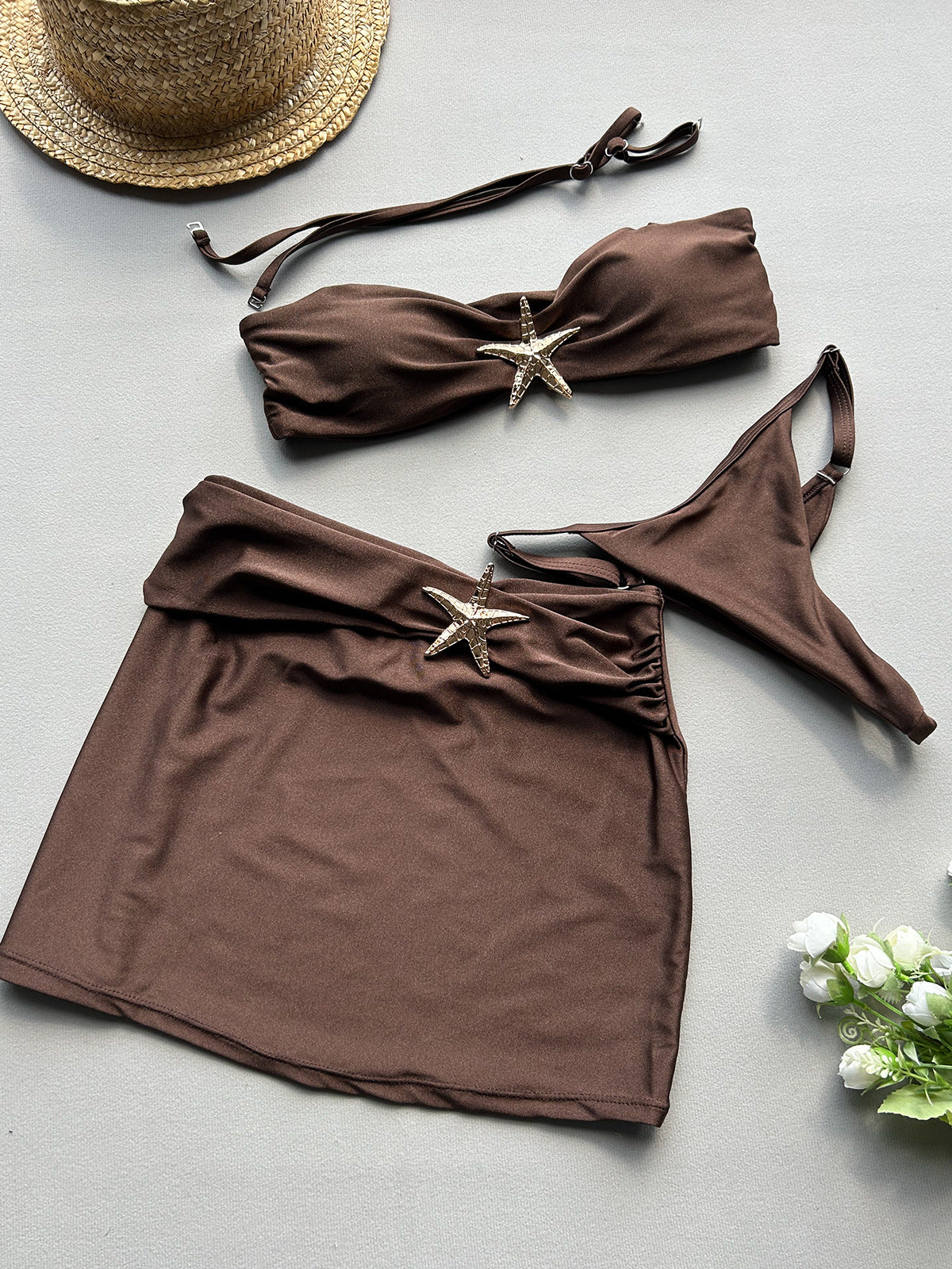 Three Piece Set Bikini Sexy Bikini Split Women Swimsuit Women Sets Brown