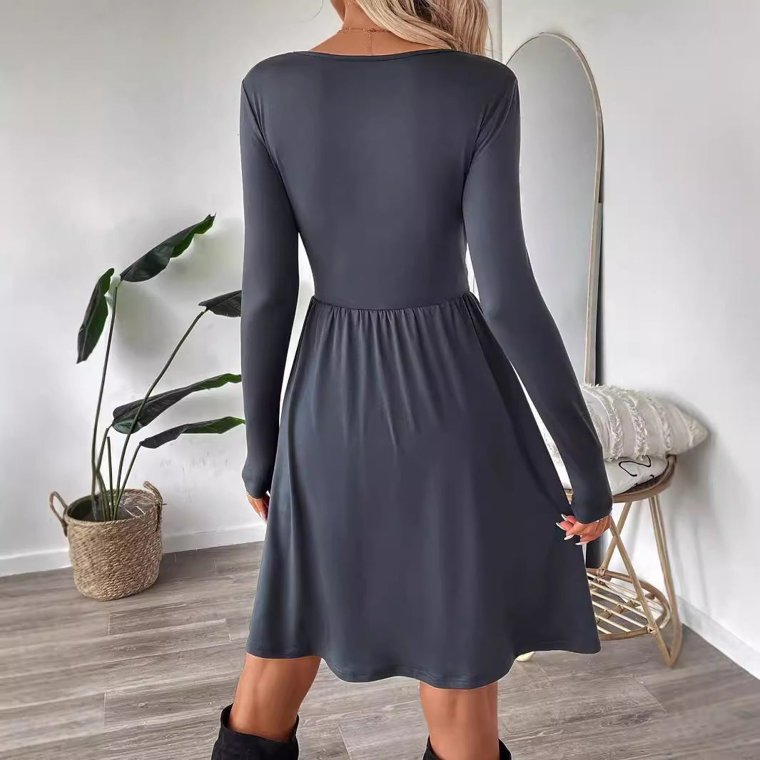 Women Clothing All Match Office Dress Autumn Winter Simplicity Design High Waist Mid Dress