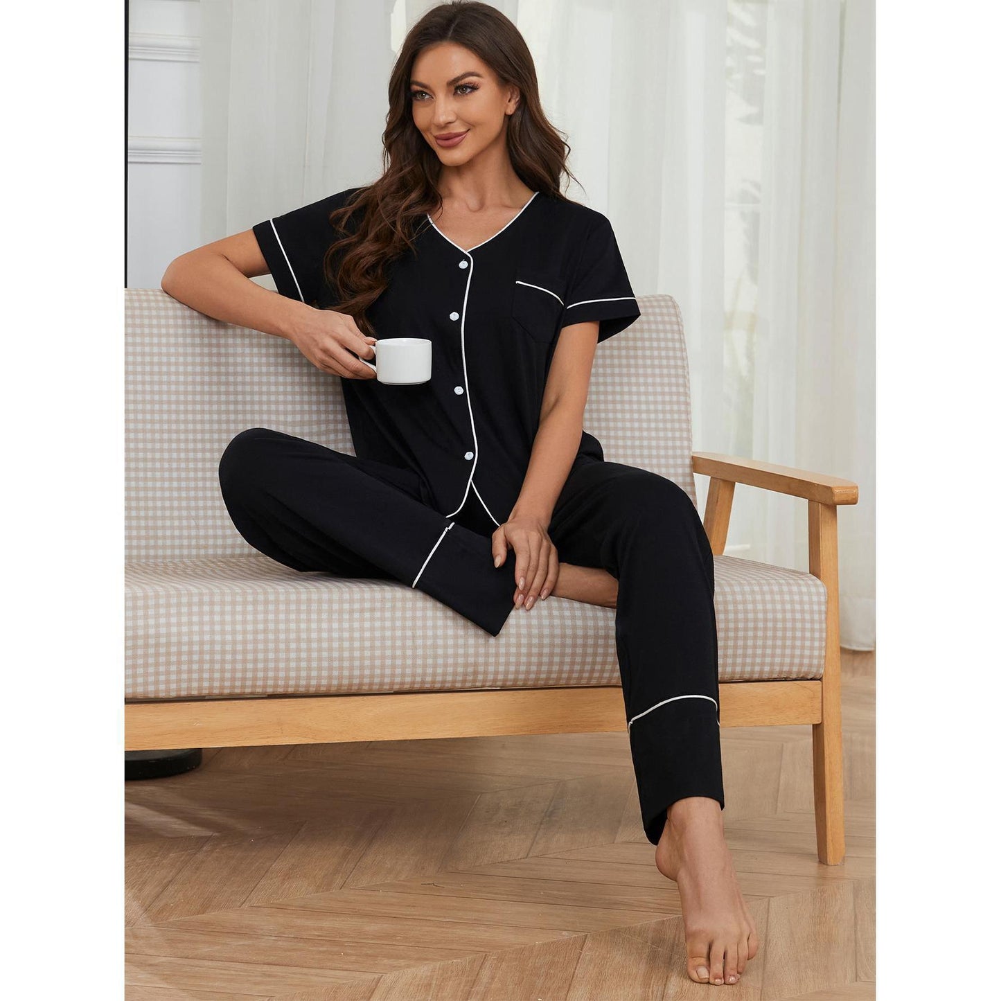 Home Wear Spring Summer Basic Short Sleeved Trousers Two Piece Pajamas Women Black