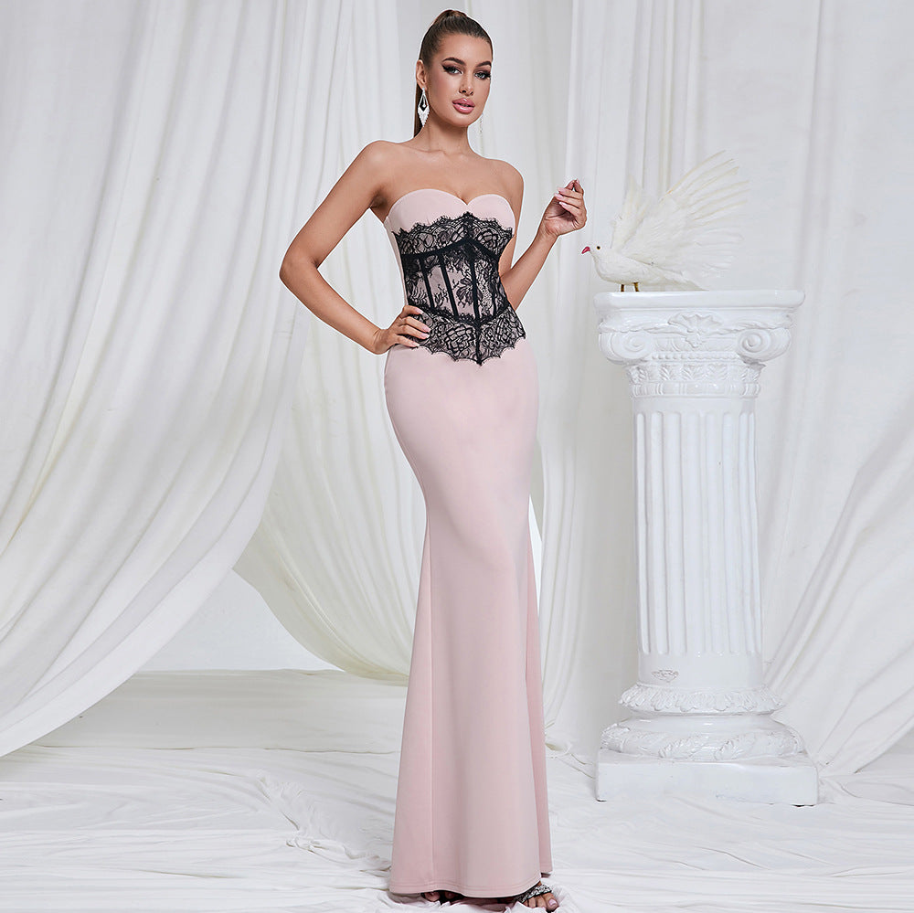 Dress Tube Top Lace Contrast Color Slim Fit Patchwork Maxi Dress Dinner Dress for Women Pink