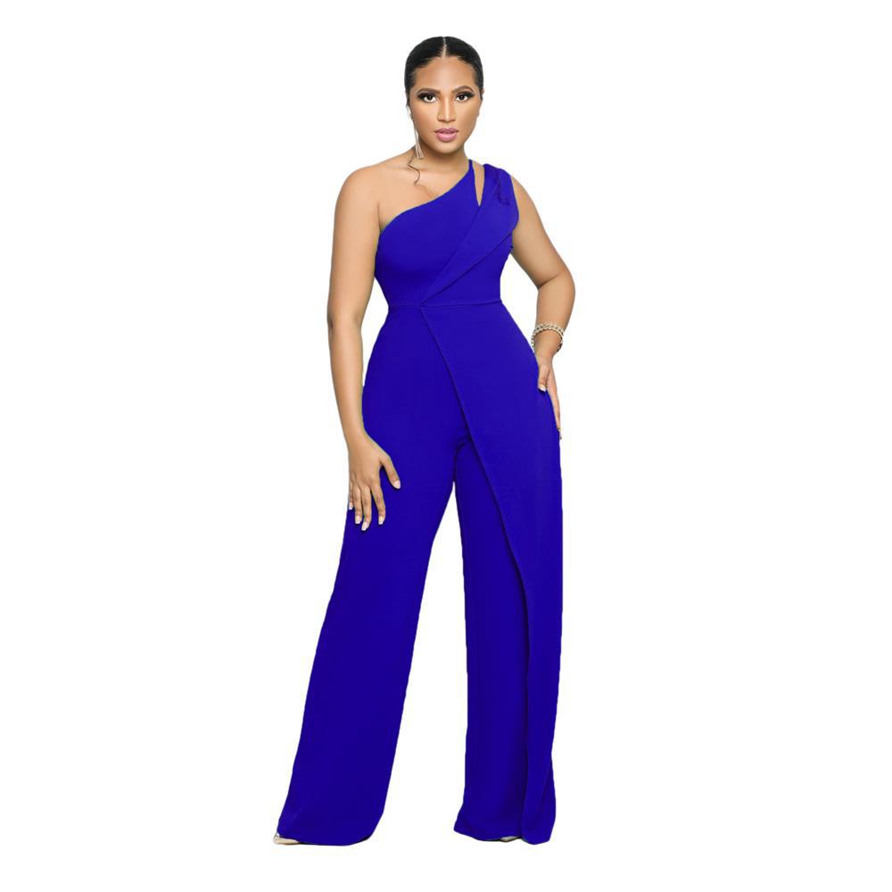 Sexy Sleeveless Single Shoulder Suspender High Waist Office Straight Jumpsuit Blue