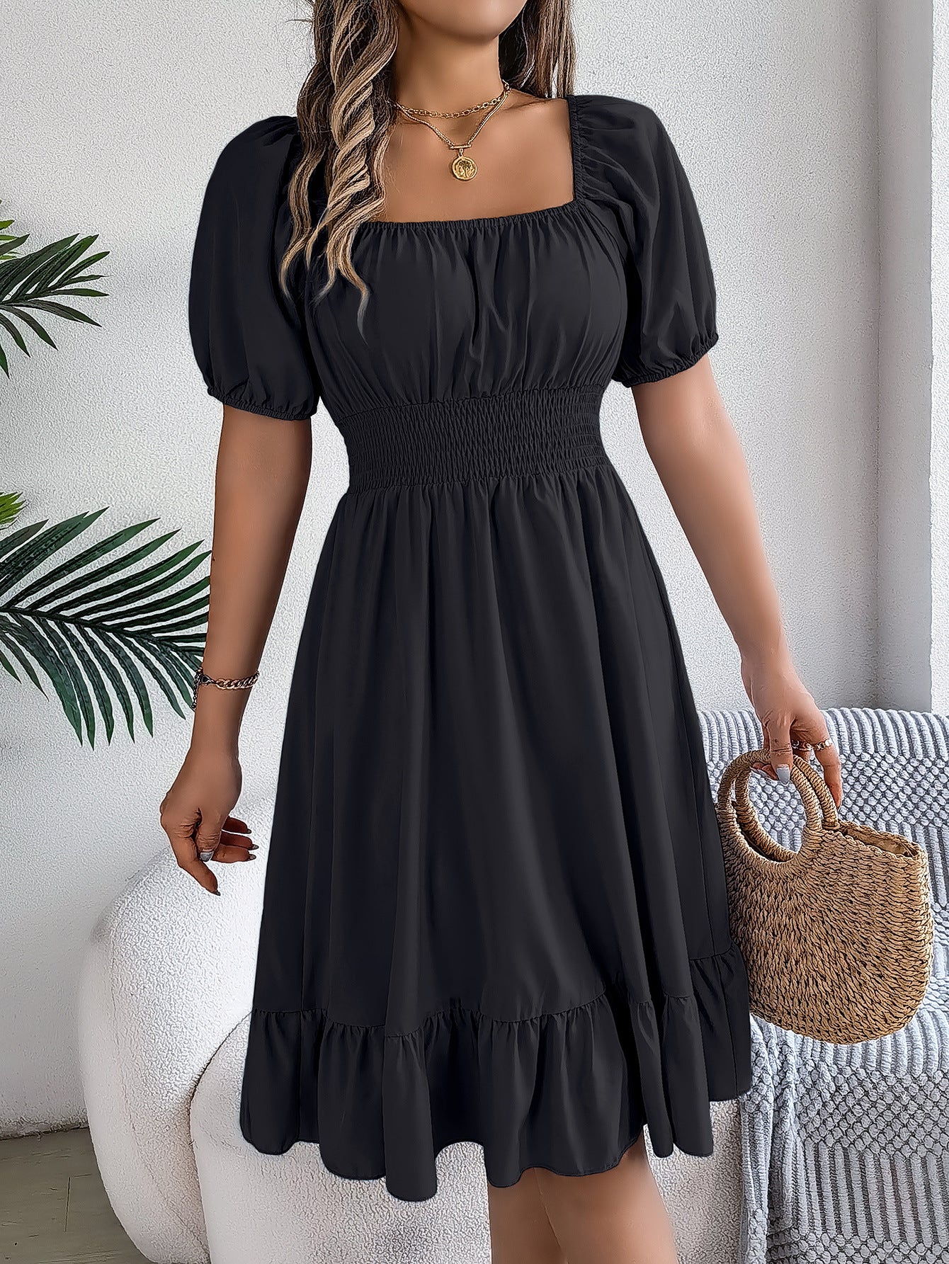 Spring Summer Casual Square Collar Short Sleeve Waist Trimming Ruffles A line Dress Women Clothing Black