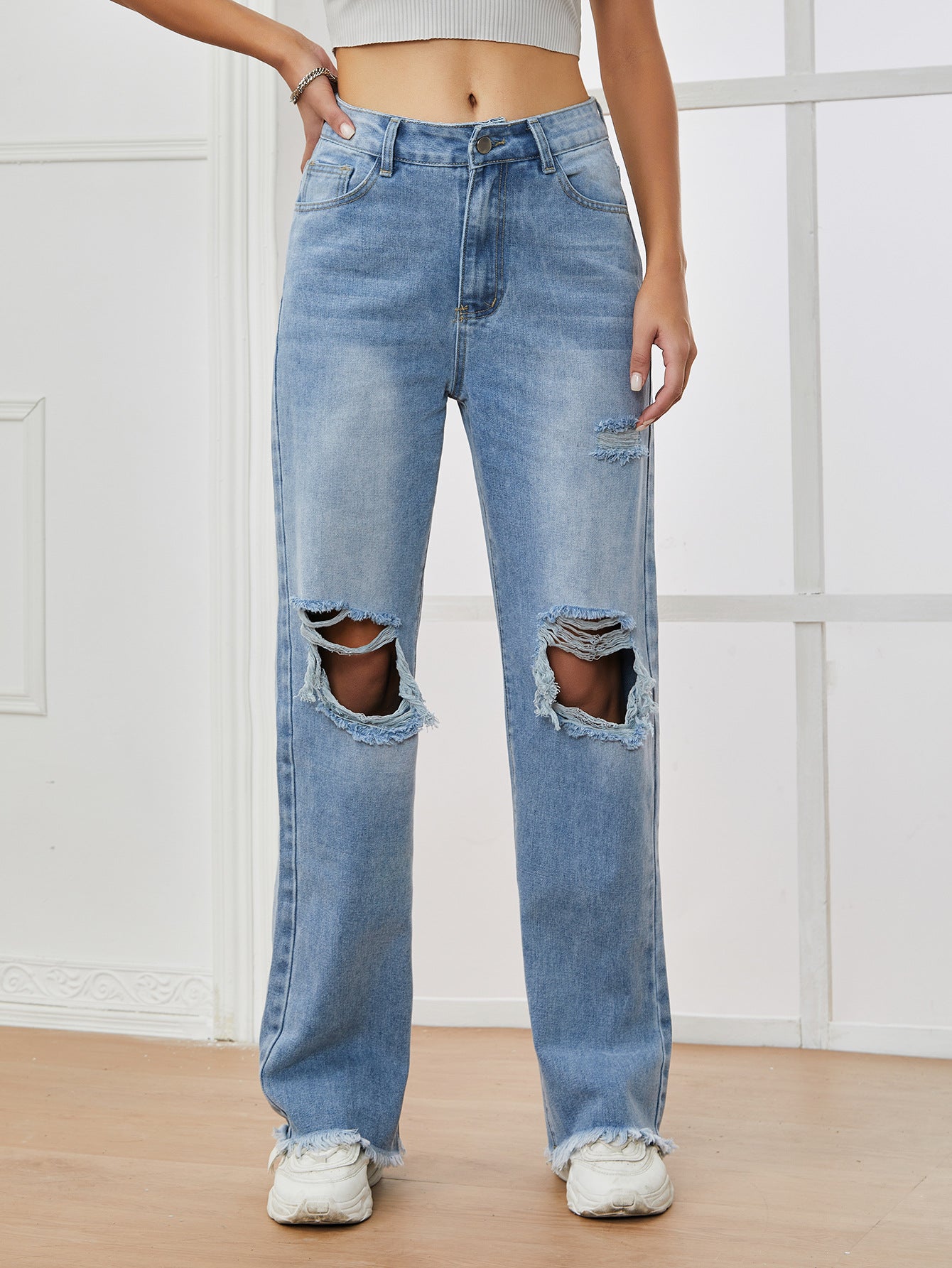 Women Clothing Jeans High Waist Ripped Raw Hem Wide Legs Denim Trousers Blue