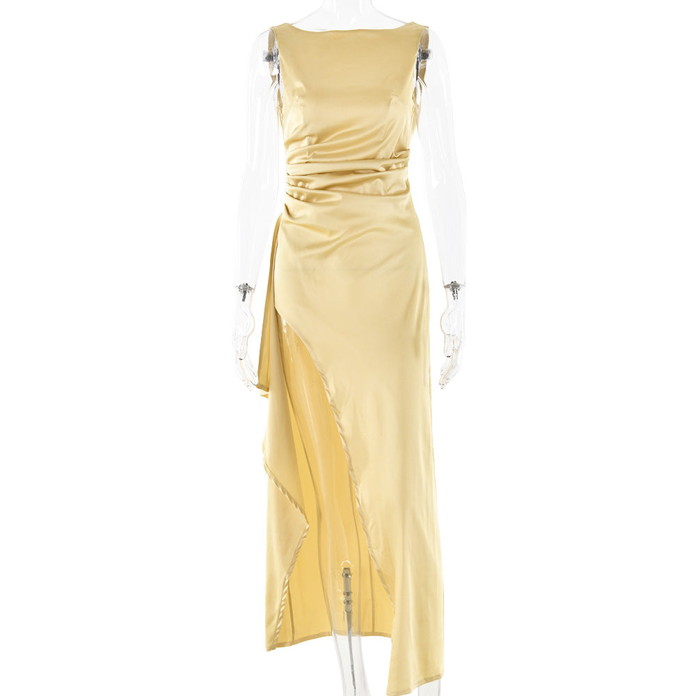 Summer Slim Sleeveless Backless Satin Dress Pleated High Slit Dress Yellow