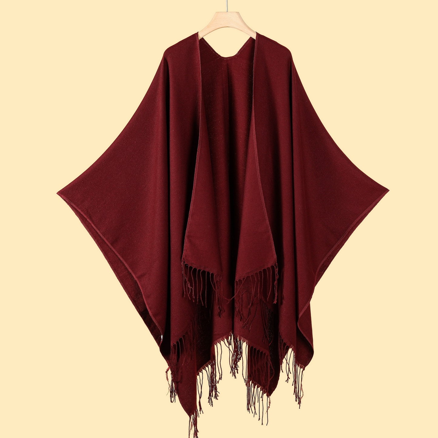 Street Ladies Large Scarf Autumn Winter All Match Air Conditioned Room Keeping Warm Dual Purpose Plain Tassel Shawl Cape One Size Wine Red