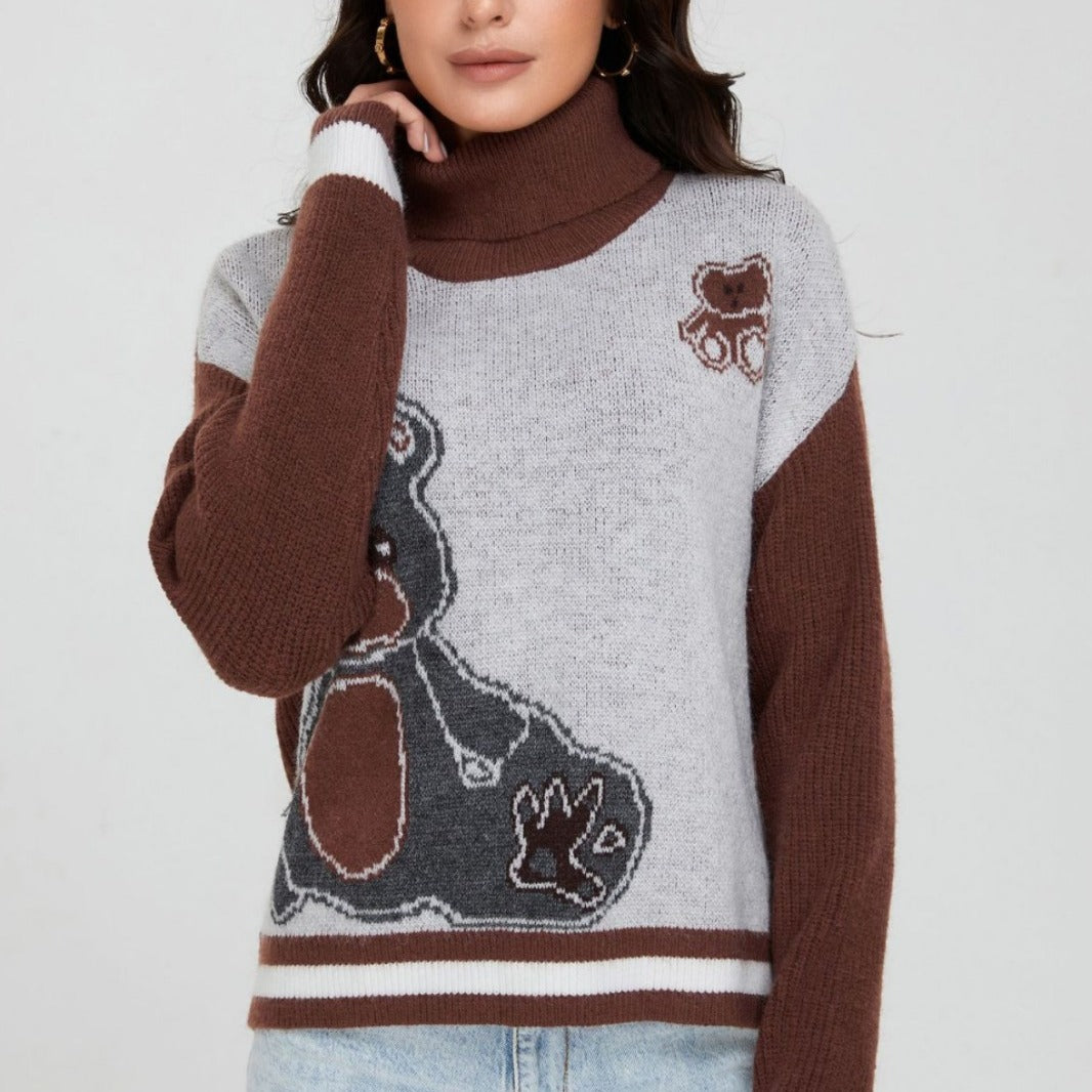 Autumn Winter Knitted Retro Contrast Color Jacquard Cartoon Bear Pattern Turtleneck Sweater Long Sleeve Top Women Clothing