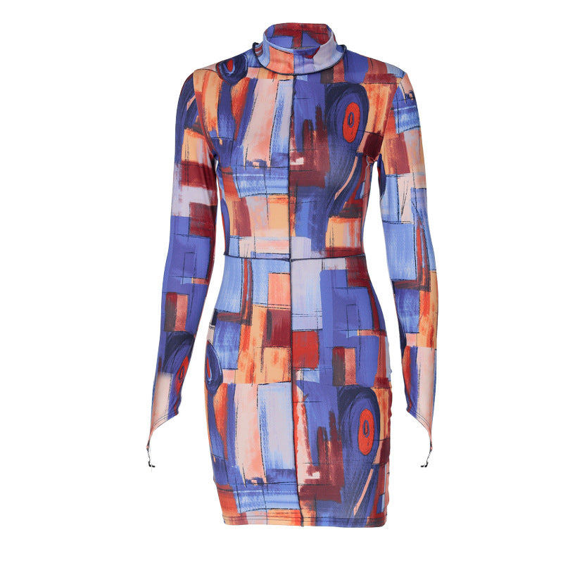 Women Clothing Summer Printed Long Sleeve Turtleneck Sheath Dress