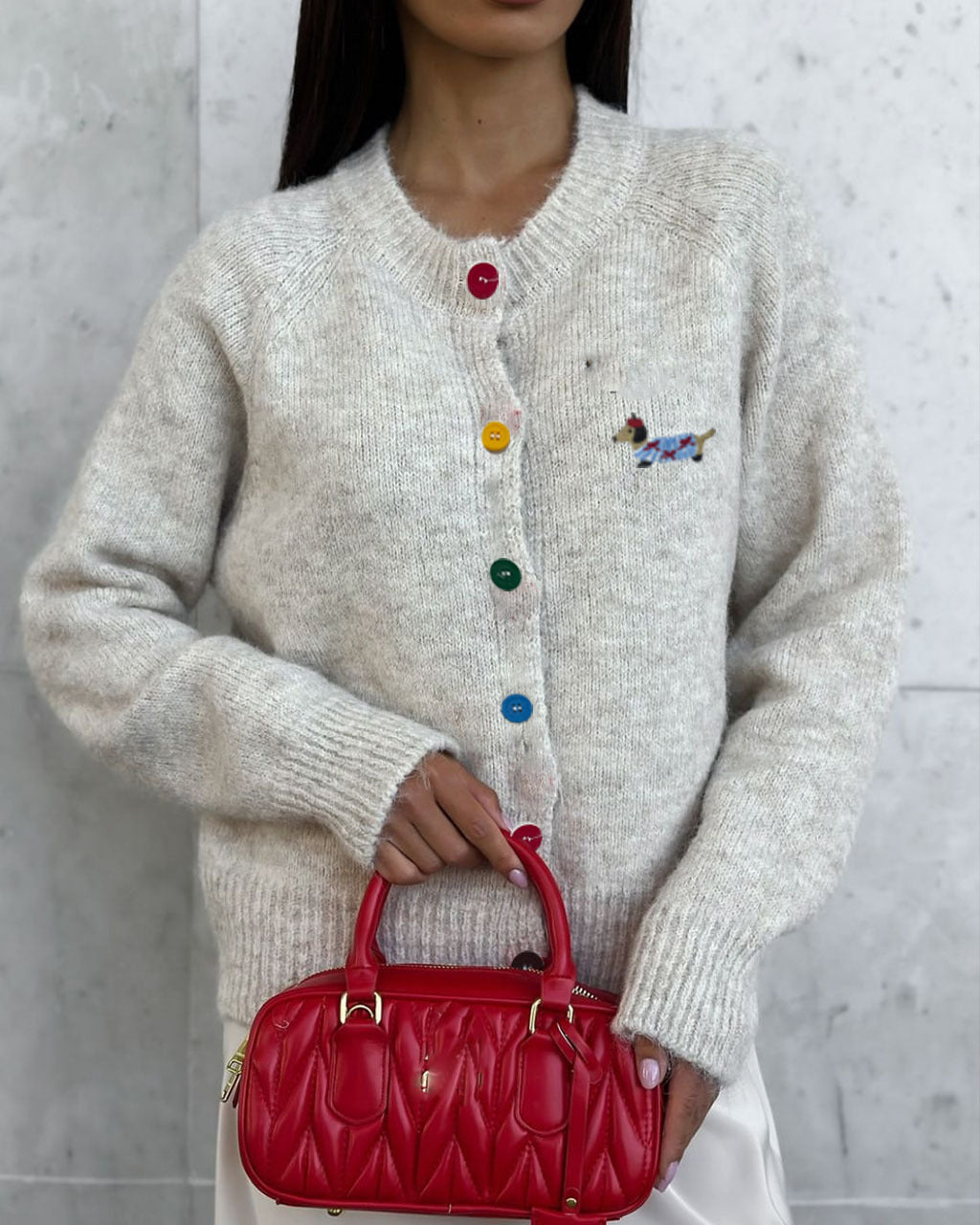 Round Neck Buckle Puppy Embroidered Long Sleeved Sweater Cardigan Women Autumn Korean All Matching Top One Size Khaki