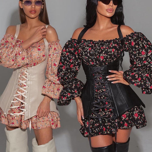 Women Clothing Autumn Long Sleeve Floral Dress with Vest Waist Tight Slimming A line Dress