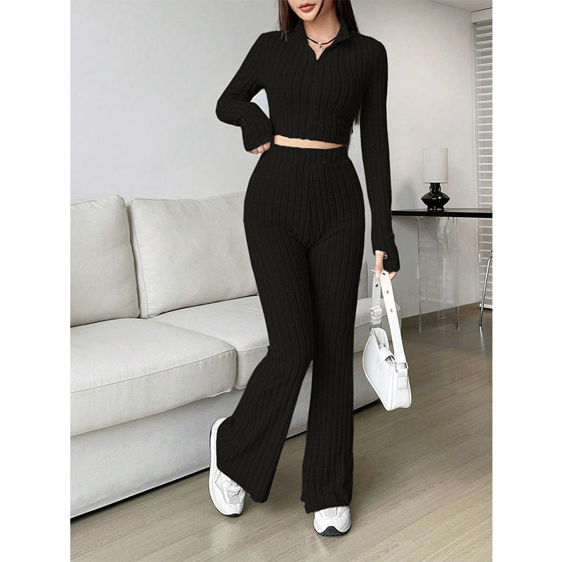 Zipper Cardigan High Waist Flared Pants Solid Color Knitwear Wide Leg Pants Sets