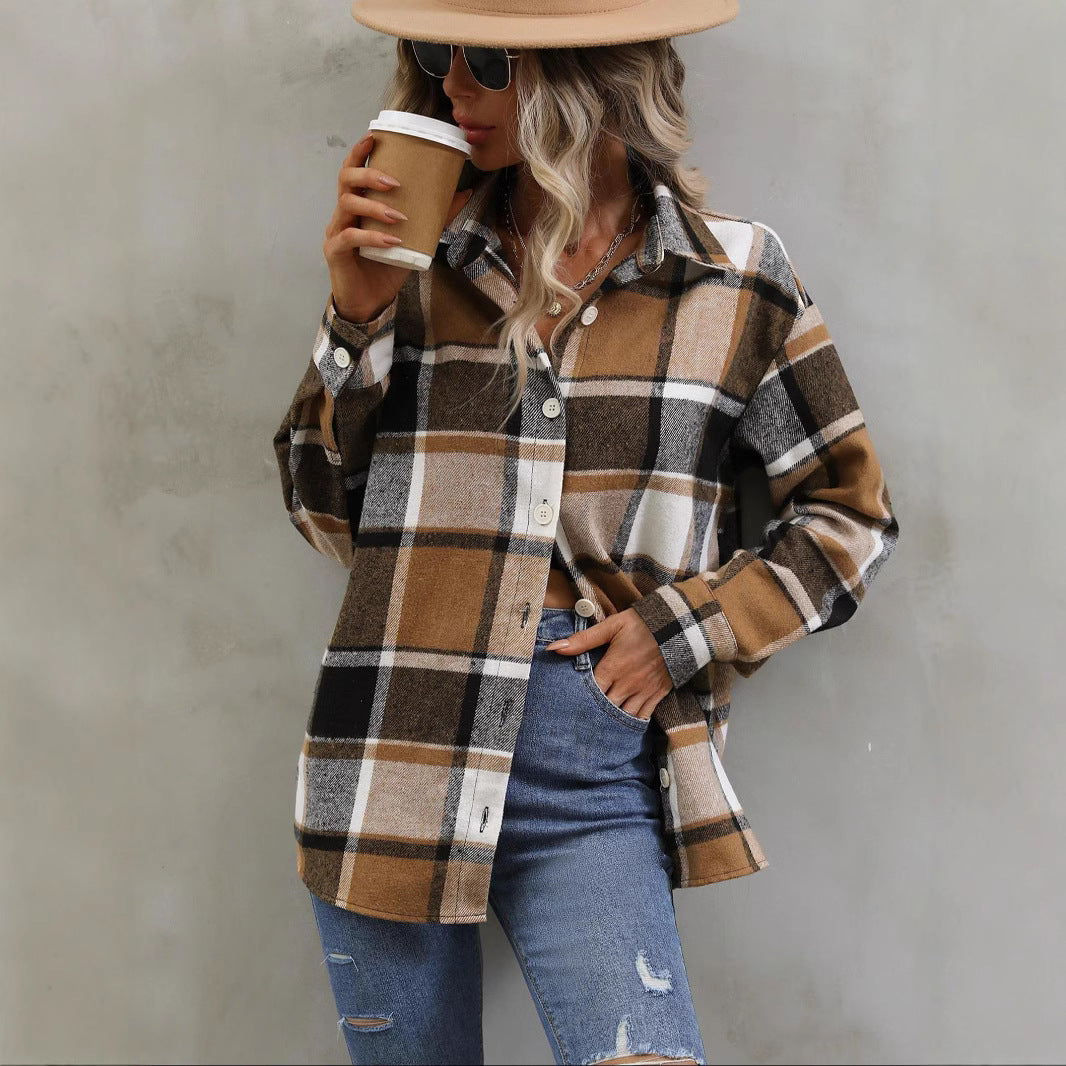 Autumn Winter Women Flannel Shirt Plaid Loose Windbreaker Long Sleeve