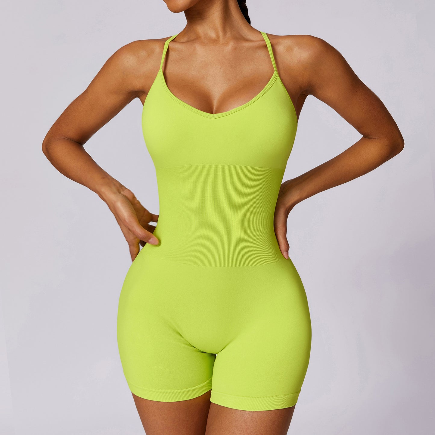 Hollow Out Cutout-out Beauty Back Seamless Yoga Jumpsuit Skinny Slimming Hip Lifting Fitness One Piece Sportswear for Women Lime Green