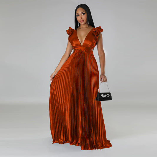 Women Clothing Artificial Silk Sexy Backless Deep V Plunge Pleated Dress Long Dress