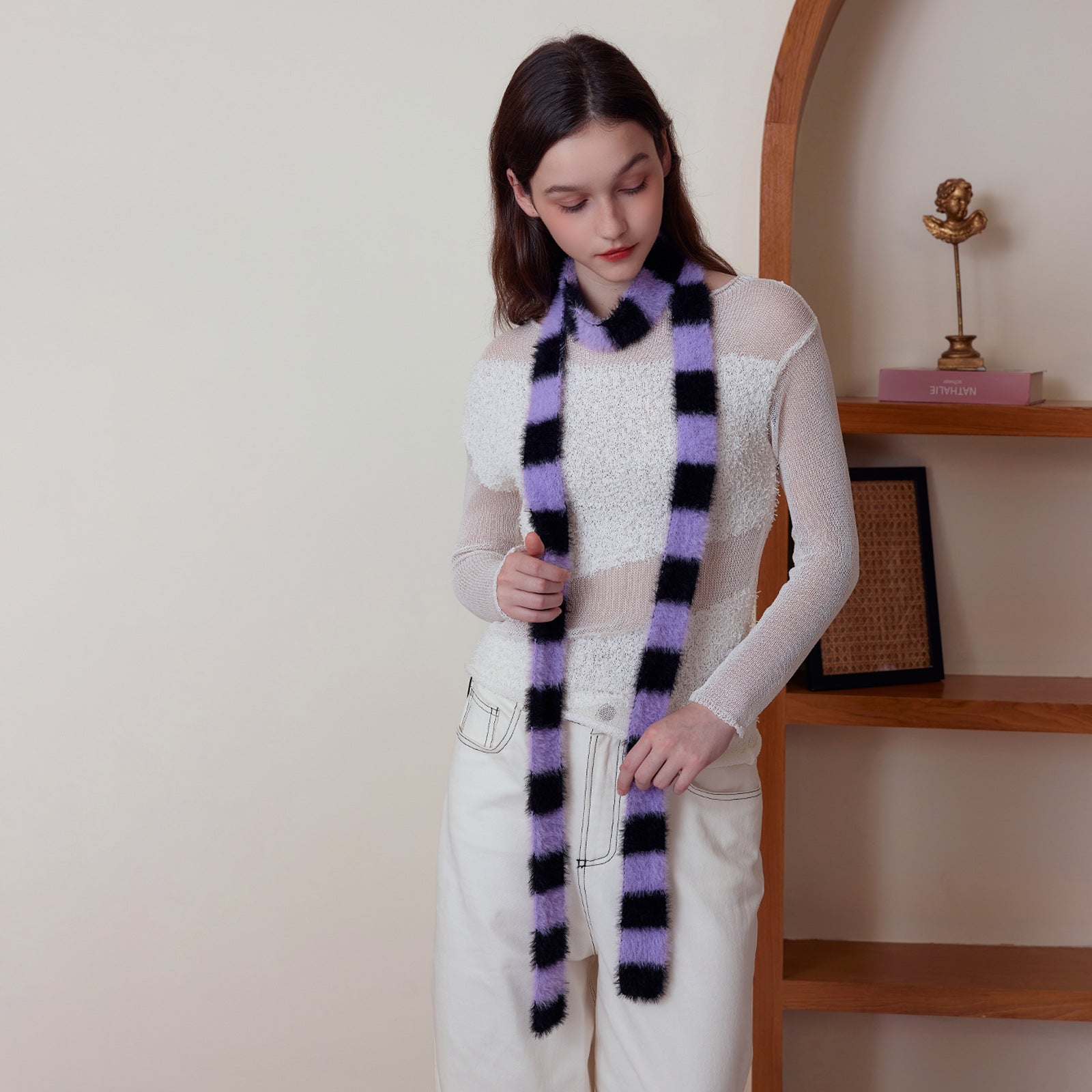 Thin Narrow Long Concave Shape Sausage Knitted Scarf Women Simple Wear Imitation Marten Striped Millennium Sexy Scarf