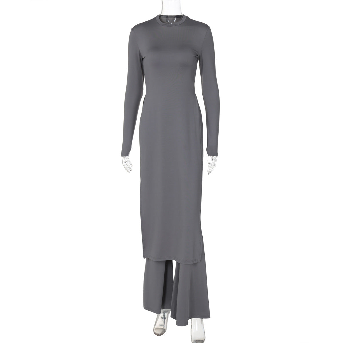 Winter Women Clothes Long Sleeve Crew Neck Split Long Skirt Flared Pants Two Piece Set Suit Women Gray