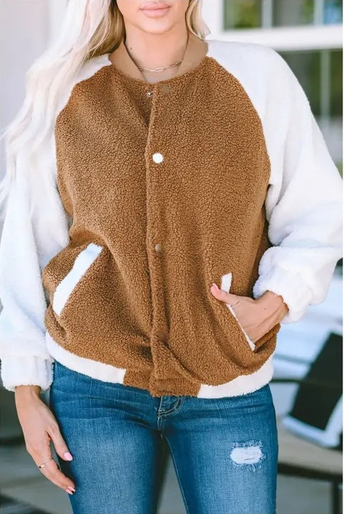 Autumn Winter Autumn Winter Plush Zipper Hooded Colorblock Varsity Jacket Coat Women Coffee