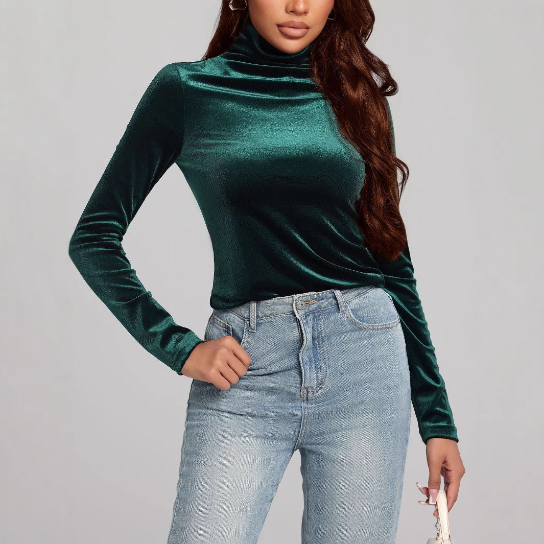 Autumn Gold Velvet Slim Fit Slimming High Collar Bottoming Shirt Women All Matching Outer Wear T shirt