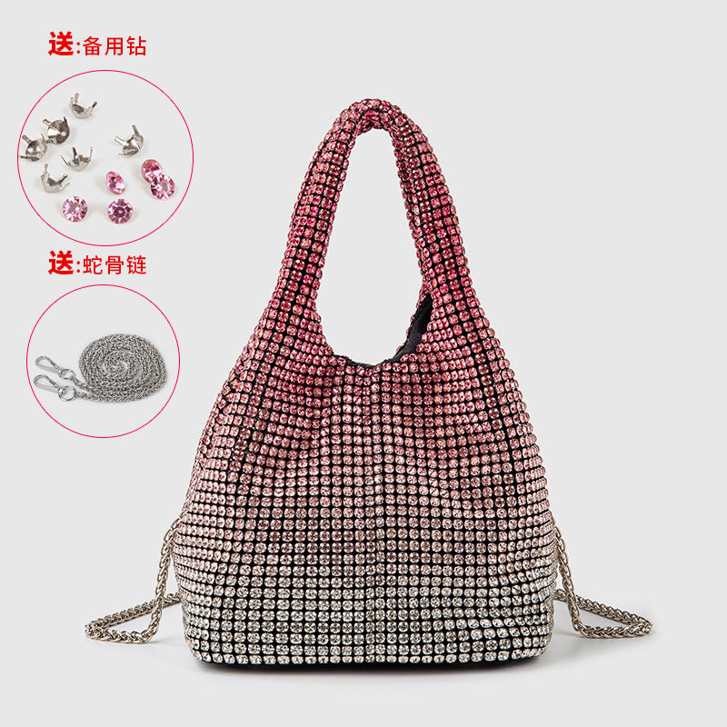 Full Diamond Bag Women Diamond Bucket Bag Rhinestone Chain Portable Messenger Bag One Size Red Gradient