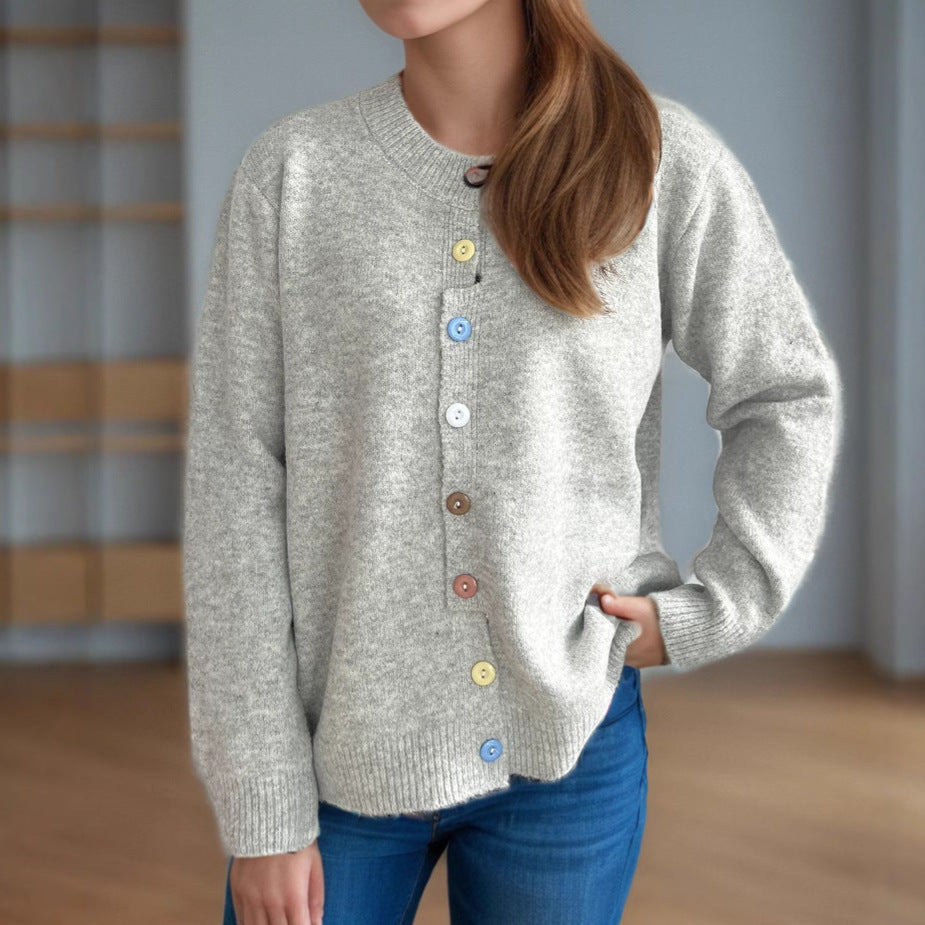 Casual Contrast Color Button Knitted Sweater round Neck Solid Color Long Sleeve Cardigan