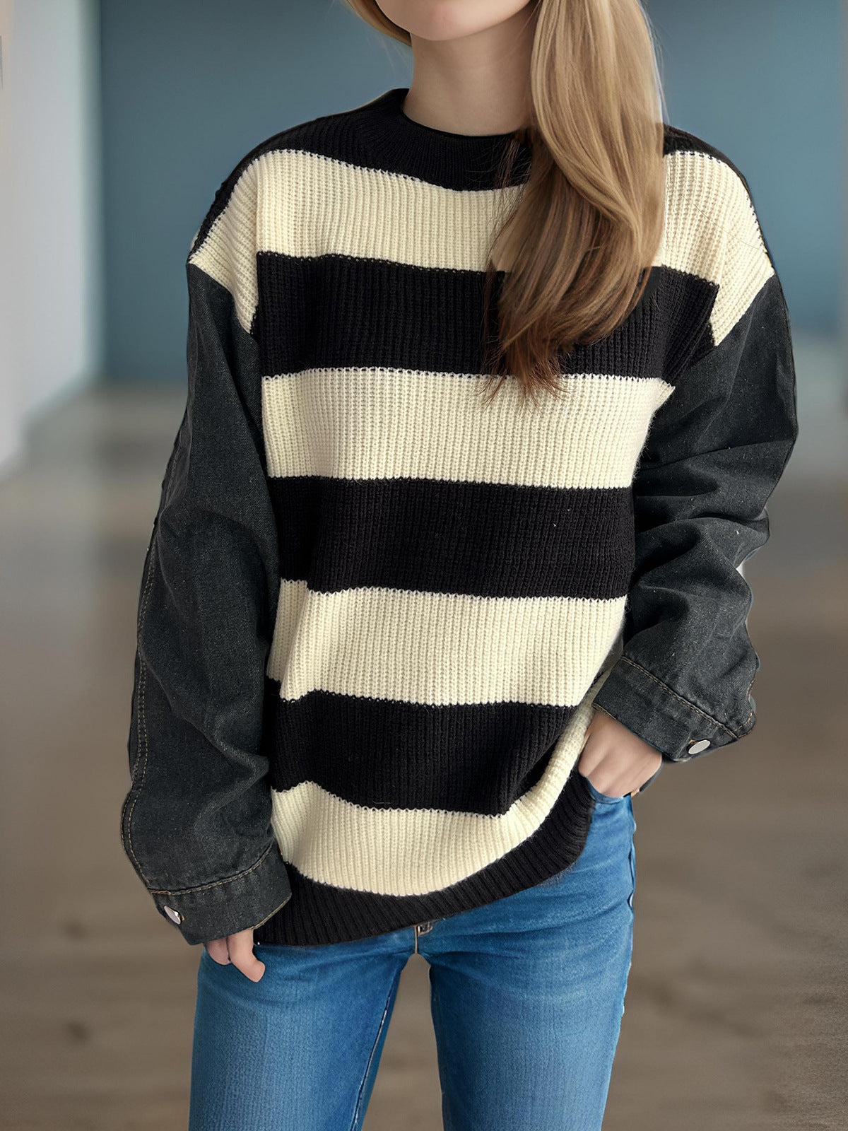 Denim Sleeve Splicing Knitwear Top Autumn Winter Office Striped Contrast Color Sweater Women Black