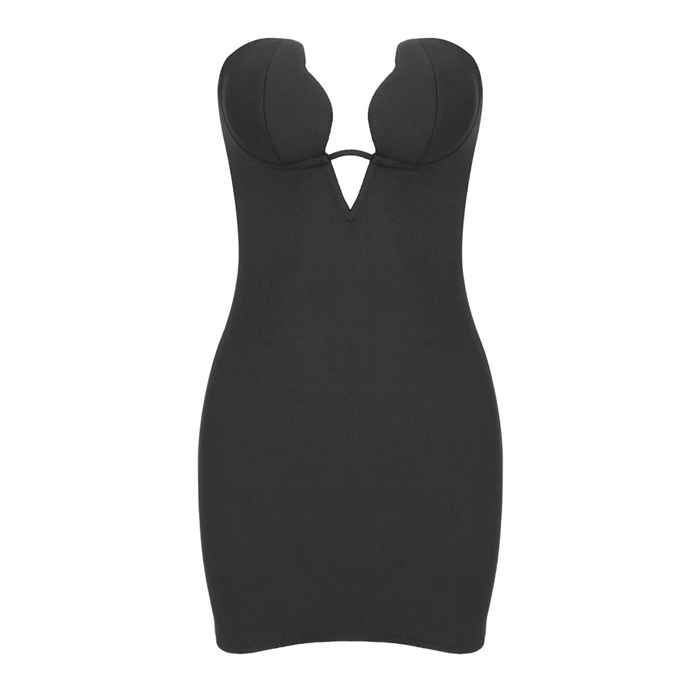 Summer Women Clothing Black V Neck Tube Top Dress High Elastic Bandage Dress Hip Dress Black