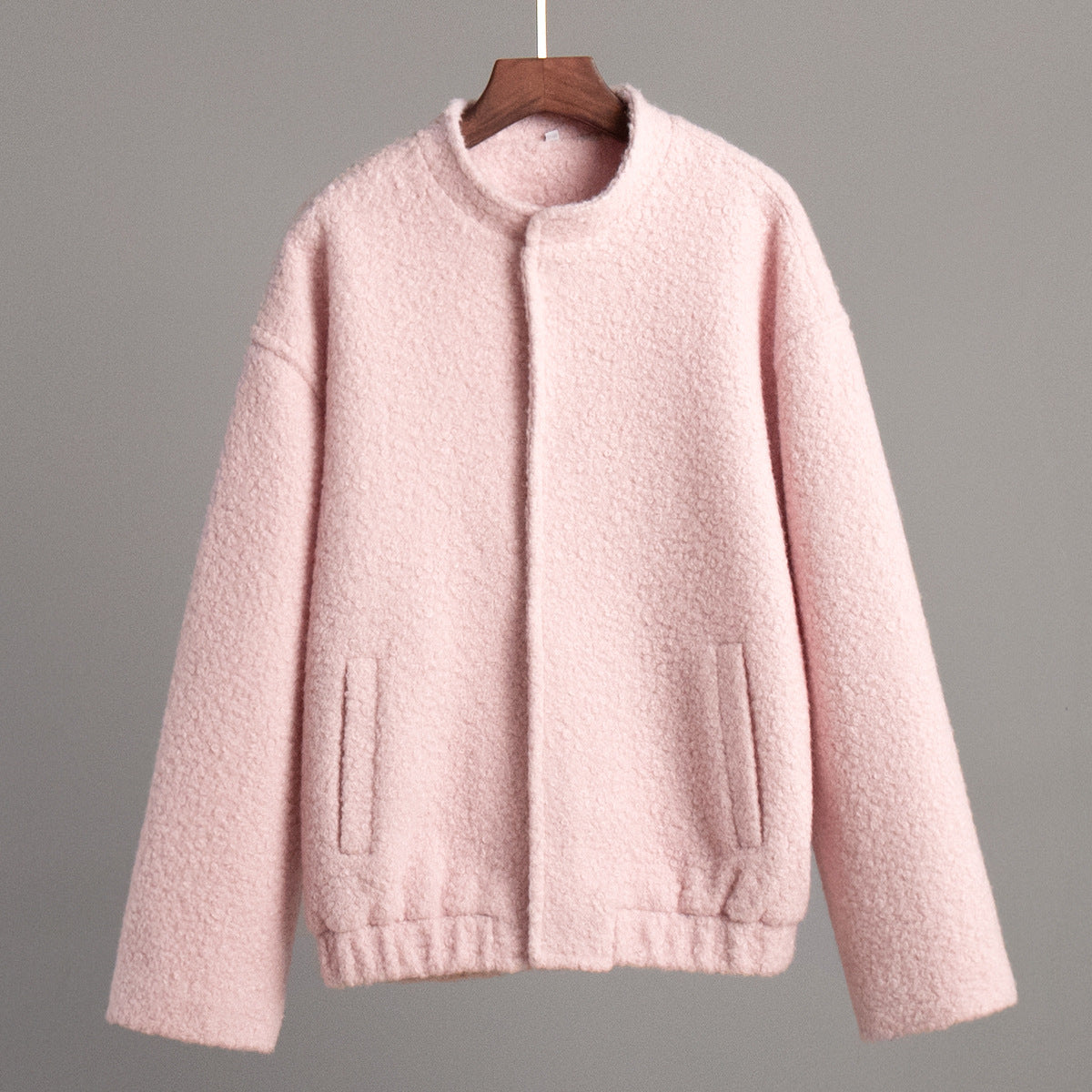 Pink Jacket Winter Casual Stand Collar Drop Shoulder Sleeve Short Furry Coat Pink