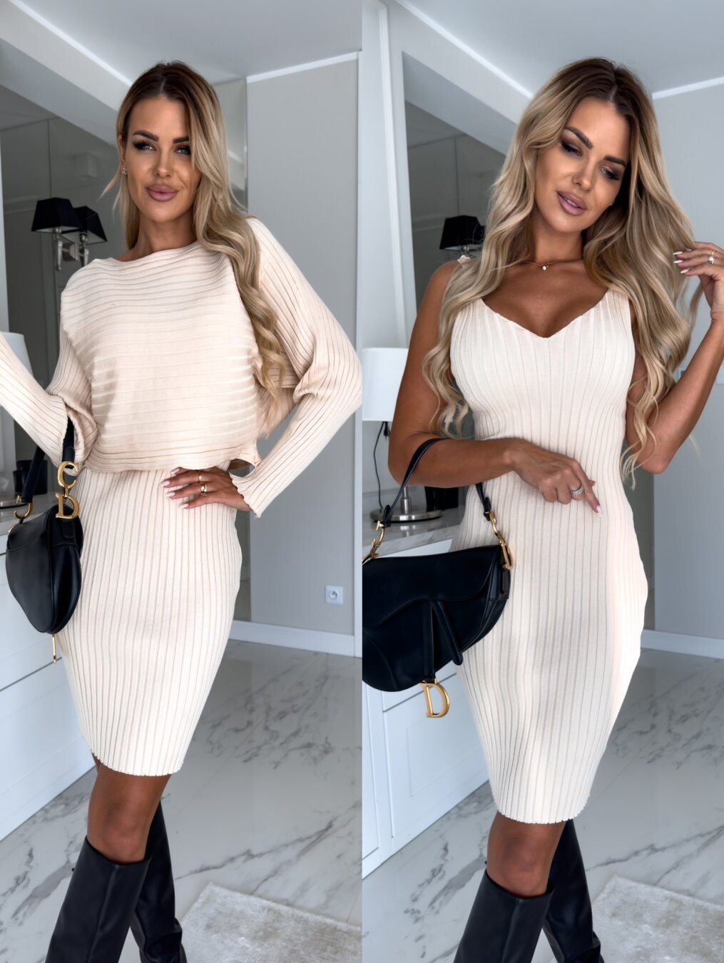 Women Autumn Sunken Stripe Long Sleeved Top Suspender Two Piece Sets Ivory