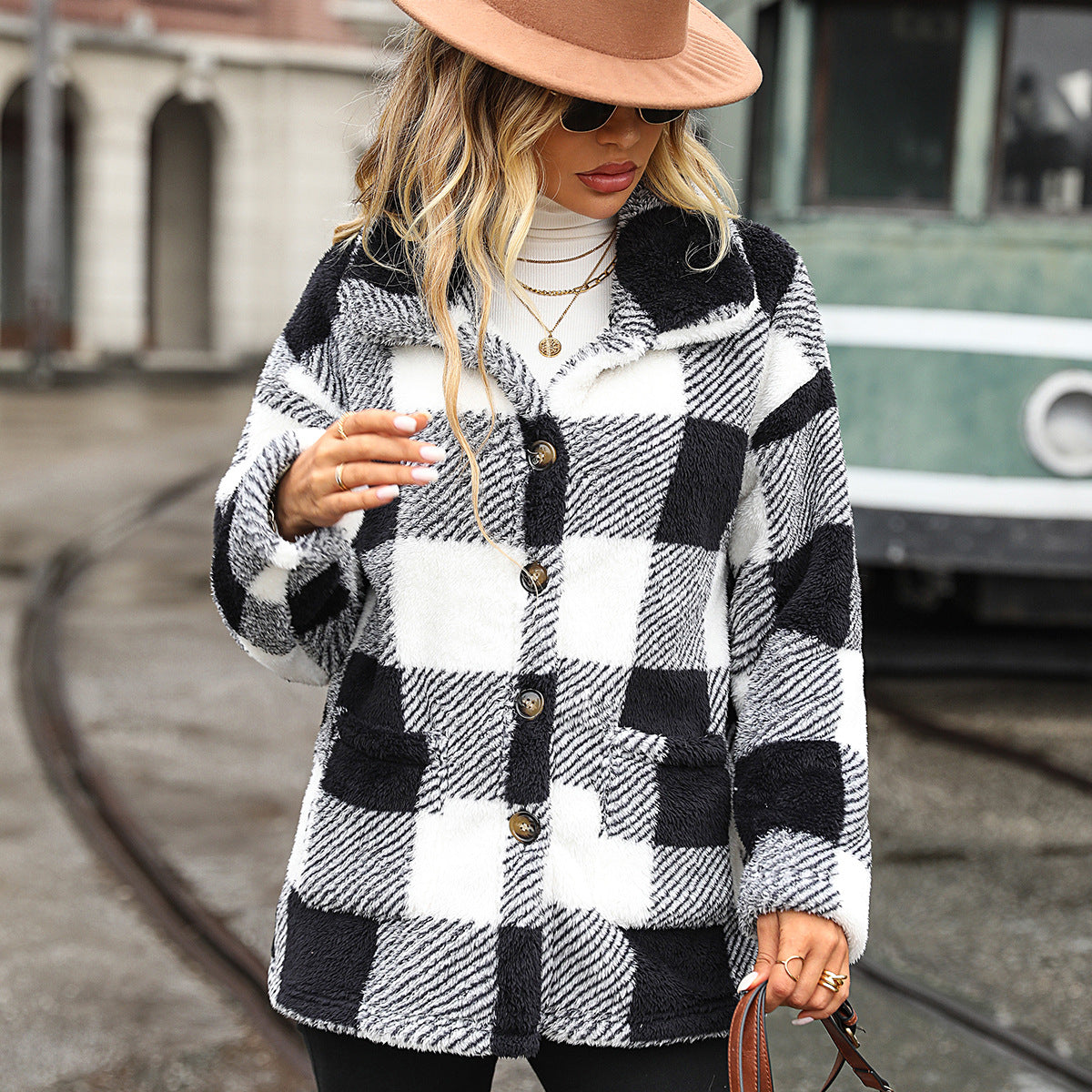 Autumn Winter Women Collared Long Sleeve Mid Length Plaid Single Breasted Plush Casual Jacket Multi