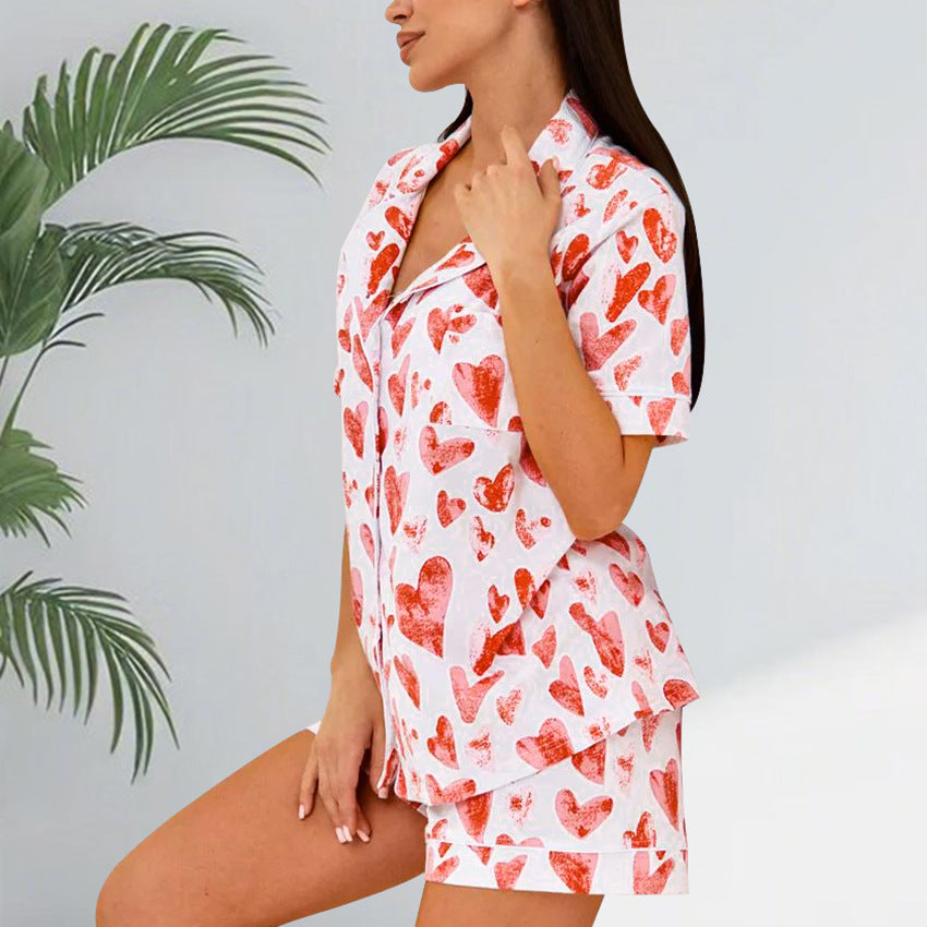 Heart Printing Pajamas Women Summer Loose Casual Short Sleeved Shorts Home Wear