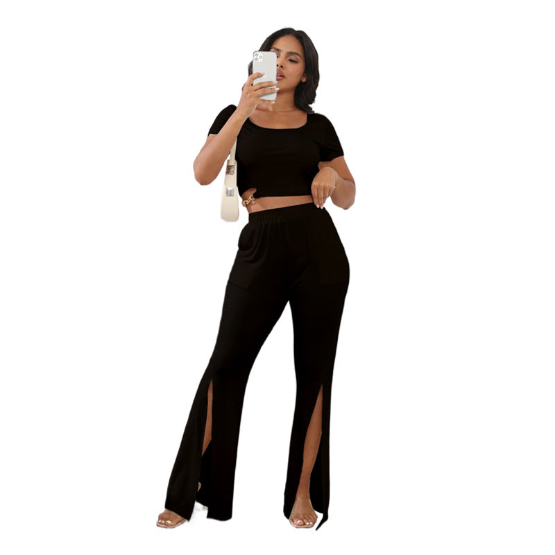 Spring Summer Solid Color Round Neck Short Sleeves Women Casual Split Blouse Pants Black