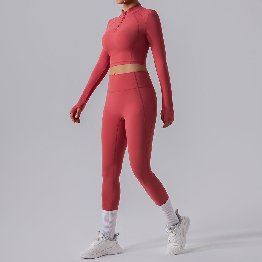 Long Sleeve Quick Drying Slim Fit Thin Yoga Wear Lightweight Breathable Yoga Trousers Sports Fitness Yoga Two Piece Sets YW534 Kw297 Red