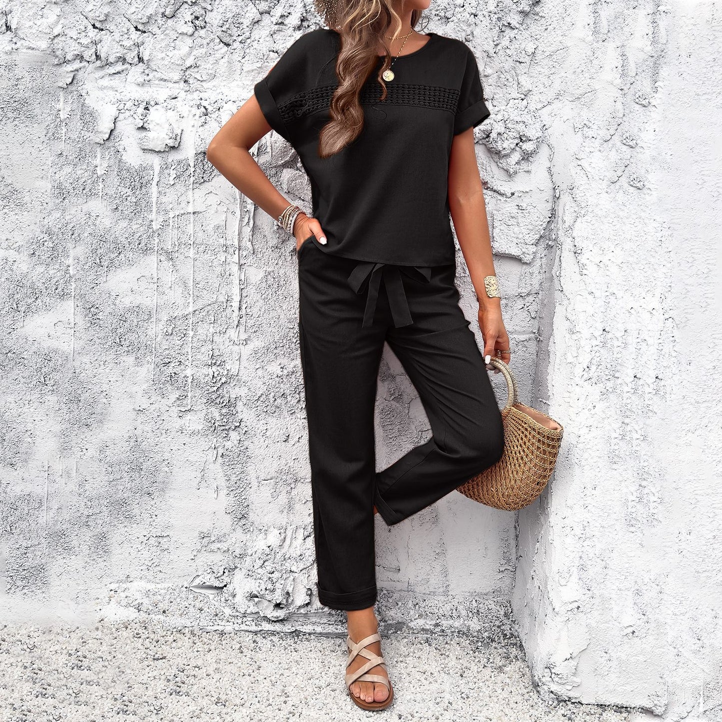 Women Clothing Shein Spring Summer Casual Short Sleeve Top Trousers Suit Black