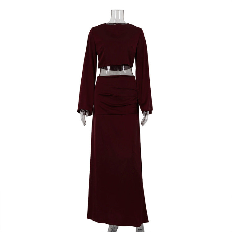 Long Sleeves Cropped Top Satin Draping Skirt Set Ruffle Hip Long Skirt Two Piece Set Burgundy